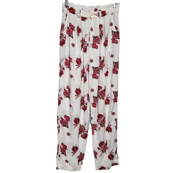 Vintage 90s Street Level White Floral Rose Pleated High Waist Straight Leg Pants - Picture 1 of 8